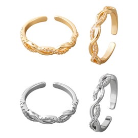 HOBBIESAY 2Pcs Twist Rope Eternity Band Rings Rhinestone Opening Rings Trendy Stackable Crystal Ring Set Gold Silver Adjustable Finger Ring for Women Wedding Birthday Party Decoration