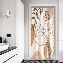 Xiaoterna Boho Shower Curtain Abstract Face Beige Bathroom Curtain Abstract Line Girl Face Flower Green Leaves Waterproof Machine Washable Shower Curtains for Home Bathroom Decoration 90x180cm