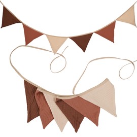 G2PLUS Nursery Fabric Bunting, Baby Bunting for Nursery, 6PCS Double Side Cloth Triangle Banner, Coffee and Beige Cotton Bunting Banner for Nursery/Bedroom/Baby Shower Decor, 1.9m