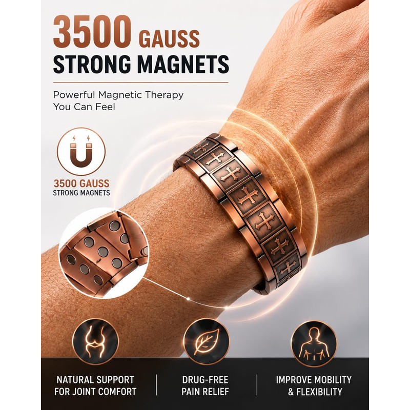 Copper Bracelet for Men, 99.99% Pure Copper Jewelry Cross Magnetic