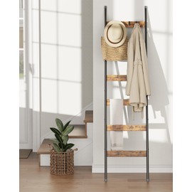 Blanket Ladder, 6-Tier Towel Holder with 4 Removable Hooks, Farmhouse Wall Leaning Decorative Rack Shelf, Wooden Towel Display Rack, Quilt Ladder for Living Room, Bedroom, Rustic Brown
