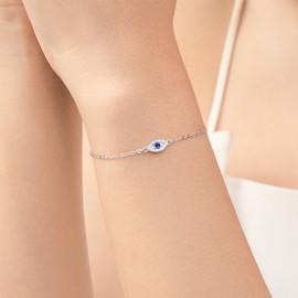 Dainty Gold Bracelets for Women, 14K Gold Evil Eye Bracelets Adjustable Cute Bracelet Evil Eye Jewelry (Silver)