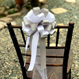 White & Silver Pull Bows with Tulle Tails - 8" Wide, Set of 6, Wedding Pew Bows, Christmas, Aisle Decor, Reception, Anniversary, Birthday, Decoration, Classroom, Office, Fundraiser, School Dance