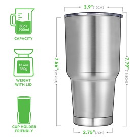 DOMICARE - Vaso de 30 onzas con tapa y popote, vasos de acero inoxidable a granel, taza de café aislada al aspiradora de doble pared, vaso duradero con recubrimiento en polvo (acero inoxidable, 1)