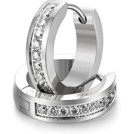 LOLIAS Stainless Steel Earrings for Women Cubic Zirconia Hoop Earrings Huggie Clip On Earrings Silver Tone 16 mm, Stainless Steel