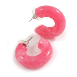 Small Acrylic Thick Half Hoop Earrings with Marble effect in Pink/White Colours - 28mm Diameter