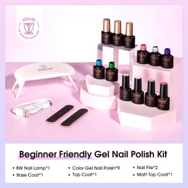 ROSALIND 14PCS Gel Nail Polish Kit with Mini u v Light,9 Colors gel polish Set with Base Coat and Glossy Matte Top Coat Nail art Easy Apply for Women