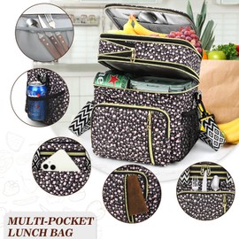 LOKASS Lunch Box for Women-16L-Insulated Lunch Bag Women, Expandable Double-layer Leakproof Cooler Bag with Upgrade Adjustable Shoulder Strap Ideal for Work/Travel/Picnics（Black Flower）