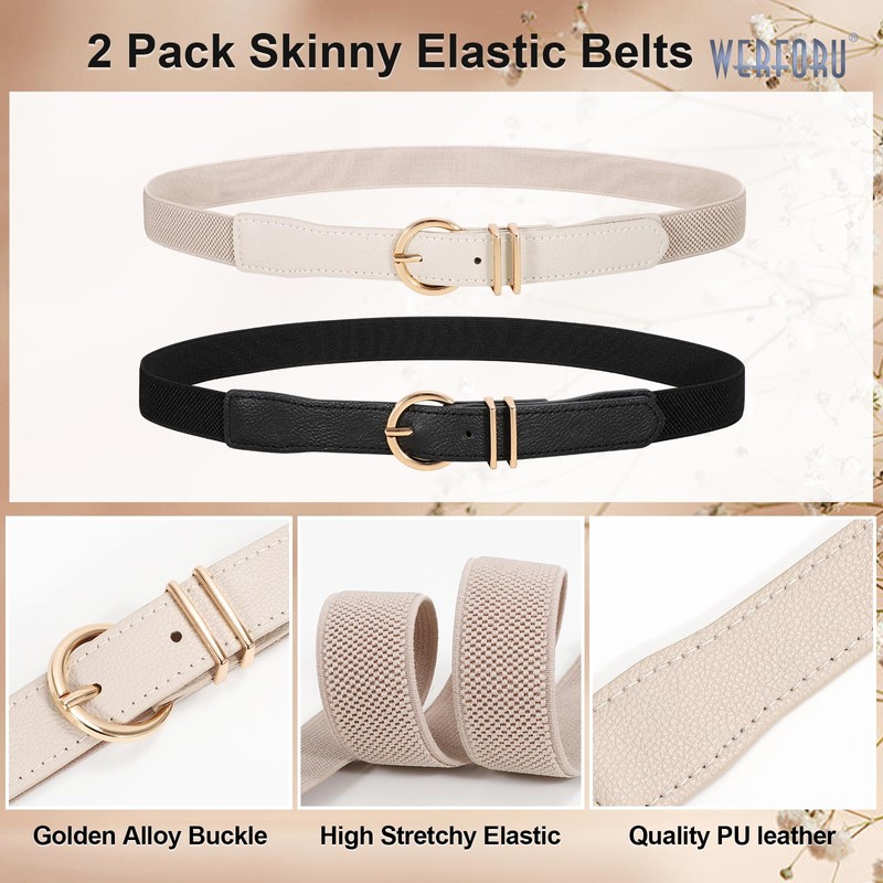 WERFORU 2 Pack Women Elastic Waist Belt Gold Buckle Belt,Black+Beige