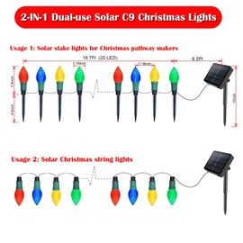 Homeleo 20 LED Solar C9 Christmas Lights Outdoor, 2024 Newest 2-in-1 C9 Christmas Pathway Lights & String Lights for Outside Christmas Decorations Yard Front Porch Door Wreaths Window Tree Decor