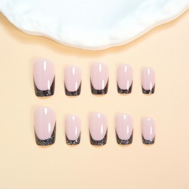 MERVF Press on Nails Medium Square, Black Glitter French Tip Fake Nails Glue ons Acrylic Nail Soft Gel DIY Manicure Glossy 24pcs