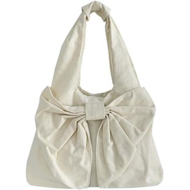 Farcauo Cute White Bow Canvas Tote Bag Purse for Women Bow Tote Bag Y2k Purses Cute Shoulder Handbag Travel Aesthetic Purse, #Y White Bow Canvas Tote Bag