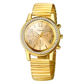 JewelryWe Women’s Rhinestone Elastic Watch: Easy Reader Analog Quartz Dress Watch Gold Plated Stretch Band Wristwatch