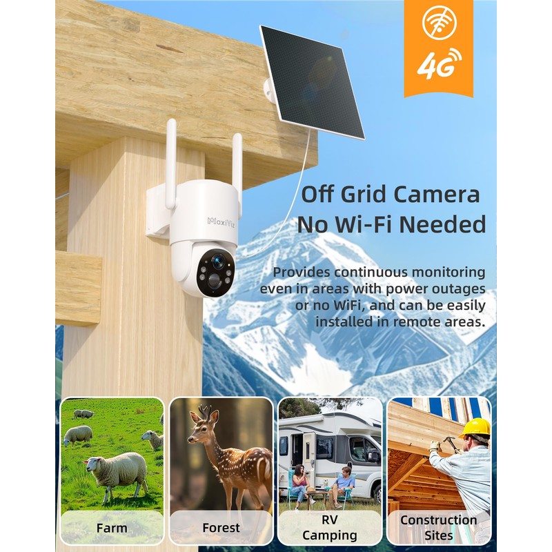 MaxiViz 4G LTE Outdoor Solar Powered Cellular Security Camera Wireless,