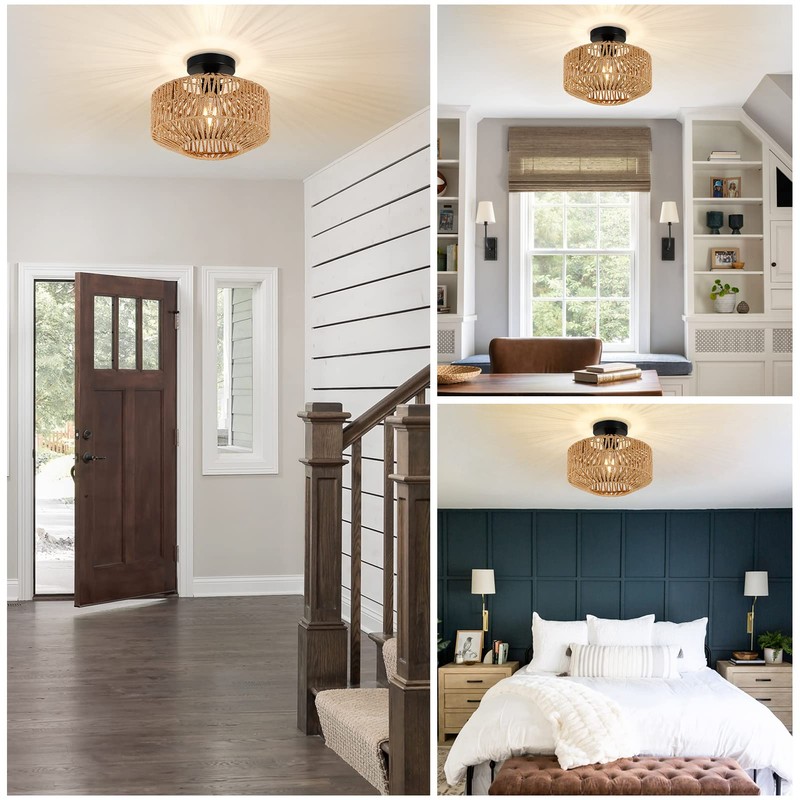 Jobtical Boho Light Fixtures Ceiling Mount,Mini Rattan Chandelier Light Fixture