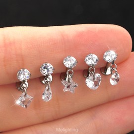 MeIighting 16G Internally Threaded Helix Stud Stainless Steel 316L Flat Back Earring Heart 6 mm Cartilage Earring Dangle Clear CZ Helix Piercing For Women