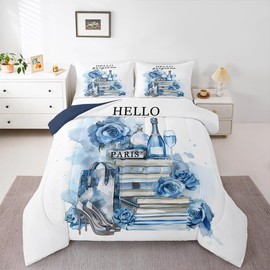 Erosebridal Girly Blue Comforter King Size Silver Fashion Bedding Set Women Girls Teal Flower Perfume Duvet Insert High Heels Champagne Magazine Books Floral Bed Sets Paris Romantic Bedroom Decor