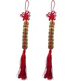 Amazleer 2pcs Emperor Money Wealth Success Lucky Charm Red Knot Lucky Tassels Lucky Coins Chinese Feng Shui Coins Anger Decorations Car Pendant (2 Long)