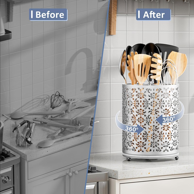 YIUKEA Extra Large Utensil Holder - 360° Rotating Cooking Utensils