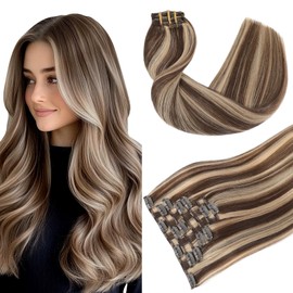 Youngsmile Clip in Hair Extensions Human Hair, Real Human Hair Clip in Extensions, Silk Soft Human Hair,7Pcs 120 Gram 14 Inch, #4P27 Chocolate Brown Highlighted with Caramel Blonde (CLIP#4P27-14Inch)