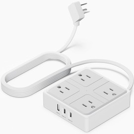 Flat Plug Power Bar with USB C, 4FT Ultra-Thin Extension Cord, 2 Outlet with 3 USB Ports (2 USB C), No Surge Protection for Cruise Ship, Travel Essentials, Dorm Room (4 Outlets White)