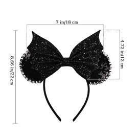 Batsysm Rivet Mouse Ear Headband with Shiny Bat Wing, Black Glittering Fashion Hair Bow Band Party Headwear for Women Girls