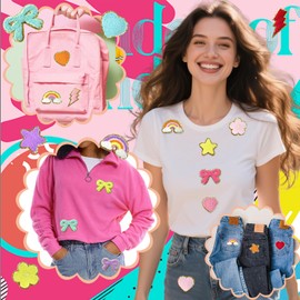 CY - 42 piezas de parches autoadhesivos de felpilla bordada, bonitos parches para planchar, diseño de flores, estrellas, corazón, arco iris, accesorios de decoración para ropa, sombreros, chaquetas