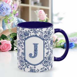 Initial Mug for Women, Personalized Coffee Mug with Letter J, Blue Toile Ceramic Coffee Cup, Monogram Tea Mug, Custom Style Birthday Gift for Friend Coworker Her