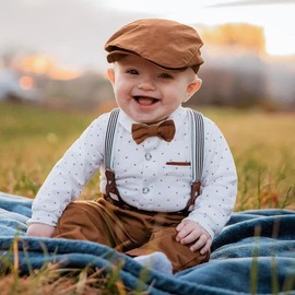 Baby Boy Clothes 0-18M Infant Tuxedo Long Sleeve Gentleman Outfits + Suspender Pants + Bowtie + Beret Hat Baby Boy Suit Set White