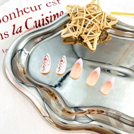 LWTZLW French Tip Press on Nails Medium Almond False Nails Flower Full Cover Glue on Nails Floral Oval Acrylic Fake Nail White French Tip Glossy Artificial Nails Reusable for Women