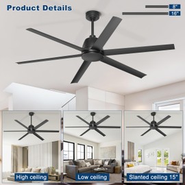 65 Inch Ceiling Fan No Light - Black Ceiling Fan with Remote & APP Control, Quiet Reversible DC Motor, 6 Blades, Indoor Outdoor Ceiling Fans without Light for Patio Living Room Bedroom Garage Shop
