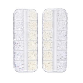 CRSHIP Nail Art Pearl, Semicircle Pearl White AB White Hemispherical 3D Nail Parts, Handmade Accessories, Gel Nail Resin, Long Case Included, 2 Cases (Half Circle AB Color + Natural + White 2 Cases)