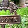 Birds Welcome Sign Lawn Spike Cast Iron Brown Perched Robins