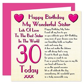 Sister 30th Happy Birthday Card - Lots Of Love To The Best Sister In The World - 30 Today