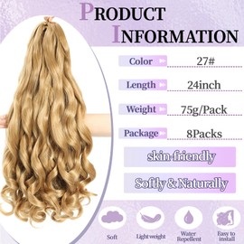 Locescsoc 24 Inch French Curls Braiding Hair 8 Packs Spanish Curly Braids Pre Stretched Loose Wave Soft French Curl Synthetic Braiding Hair Extensions for Women (27#, 24 Inch (Pack of 8))