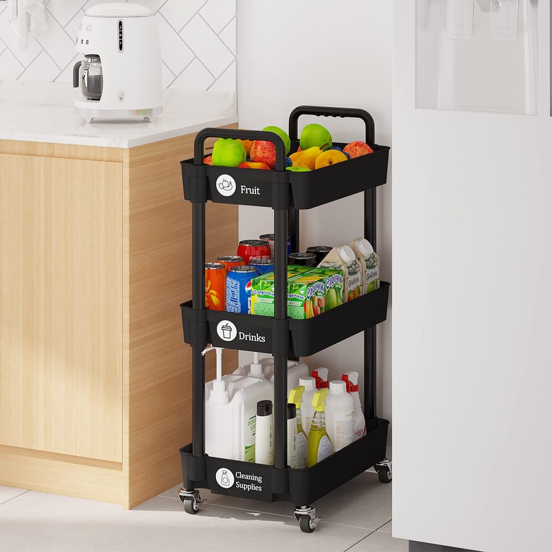 Laiensia 3-Tier Storage Carts,Multifunction Utility Rolling Cart Kitchen Storage Organizer,Mobile