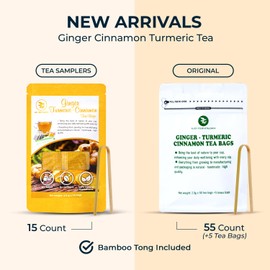 Ginger Cinnamon Turmeric Tea Samplers - 15 Count, Mini Tea Bags, Bamboo Tong Included, Re-Steep Corn Based Tea Bags, No Sugar Added, Natural Herbal Tea for Body Warm, Relax, Refreshing