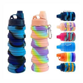 konlongzan Botellas de agua plegables, paquete de 2 botellas de agua de viaje, botella de agua portátil para senderismo con a prueba de fugas, botellas de agua de silicona reutilizables sin BPA de 500 ml. (Camuflaje azul + rosa)