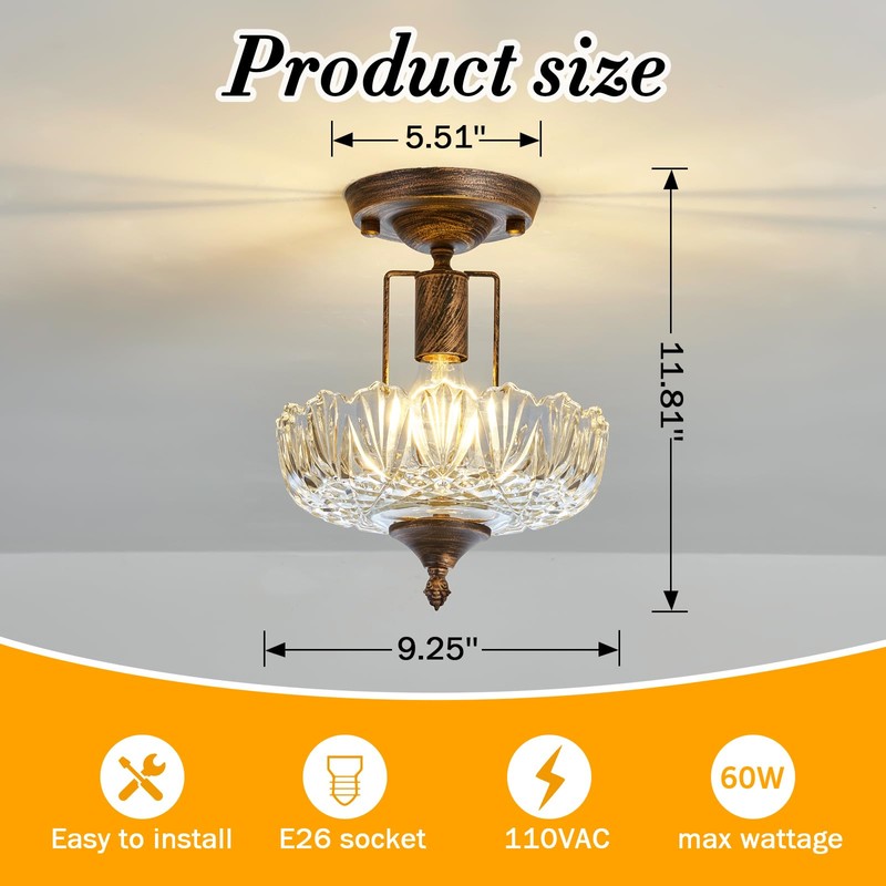UOFUS Glass Ceiling Light Fixture Vintage Small Semi Flush Mount