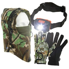 Fishing Neoprene Gloves Folding Fingers + LED Head Torch + Camo Snood Hat Gloves Available in Small Medium Large & Extra Large (Large Size Gloves)
