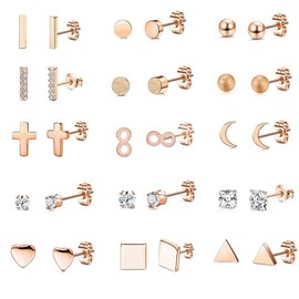 MOBOTECH Stud Earrings, 15 Pair Set, Men's, Women's, Cartilage Earrings, Binaural, Zirconia, Simple, Surgical Stainless Steel, Hypoallergenic Metal (Rosegold)