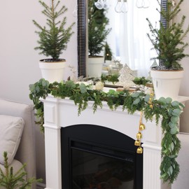 Jutom 6FT Artificial Christmas Garland Pine Greenery Realistic Cypress Cedar Garland with 4 CowBell Jute Hanging Rope for Holiday Seasonal Home Mirror Mantle Fireplace Indoor Outdoor Decor