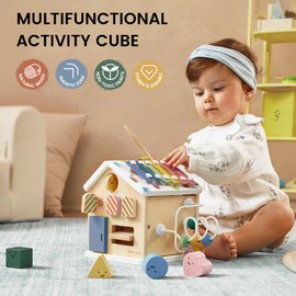Tiny Land 9-in-1 Wooden Activity Cube, Montessori Baby Activity Center for 1+ Year Old, Educational Toy for Toddlers, Ideal Gift for Boys and Girls (Morandi)