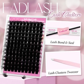 FADLASH Lash Extension Kit 200D Lash Cluster Kit DIY Eyelash Extension Kit with Lash Bond and Seal Lash Tweezers Natural Cluster Lashes Kit Individual Lashes 3D Effect (KIT, 200D-3D-07D-15-20mm)