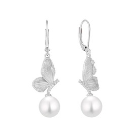 Vinoya 925 Sterling Silver Pearl Earrings for Women Pearl Butterfly Dangle Drop Earrings Cubic Zirconia White Gold Plated Earring Jewelry