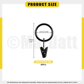 Mardatt 40Pcs Curtain Rings with Clips, 1" Interior Diameter Drapery Curtain Clip Rings Shower Curtain Rings Curtain Hooks Hangers Clip Rings for Window Bathroom Home and Kitchen(Black)