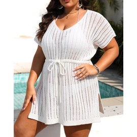Talisea Plus Size Swimsuit Cover Up for Women White Crochet Beach Romper Knit Bathing Suit Short Sleeve Swimwear Coverup Dress