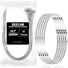 Stainless Steel Cable Ties, Deecam 50 Pcs 4.6×500mm Metal Cable Tie, 304 Stainless Steel Zip Ties with Steel Ball Stopper, Suitable for Binding Cable, Garden Repair (50 Pcs)