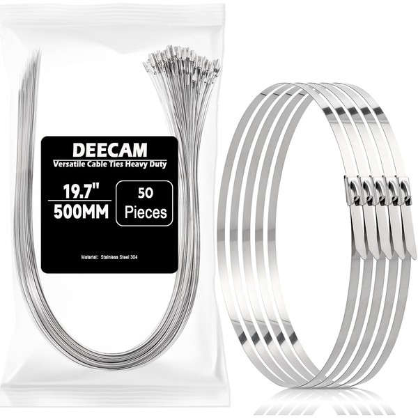 Stainless Steel Cable Ties, Deecam 50 Pcs 4.6×500mm Metal Cable