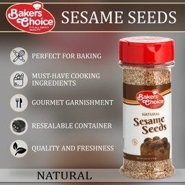 Baker's Choice Whole Natural Sesame Seeds - For Baking And Cooking - All Natural Food Seasoning - Resealable Container - Gluten Free, Kosher - 4 Oz. (113g)
